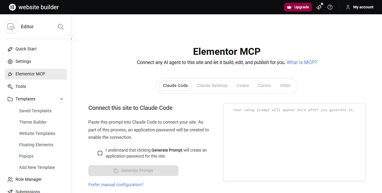 The Elementor MCP screen in WordPress: tabs for Claude Code, Claude Desktop, Codex, Cursor and Other, a checkbox confirming that an application password will be created, and a Generate Prompt button.