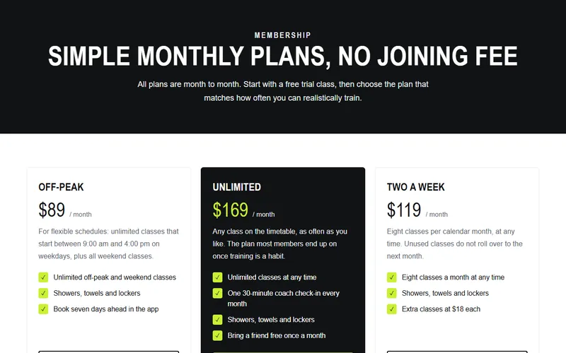 Preview of the Fitness studio membership page template